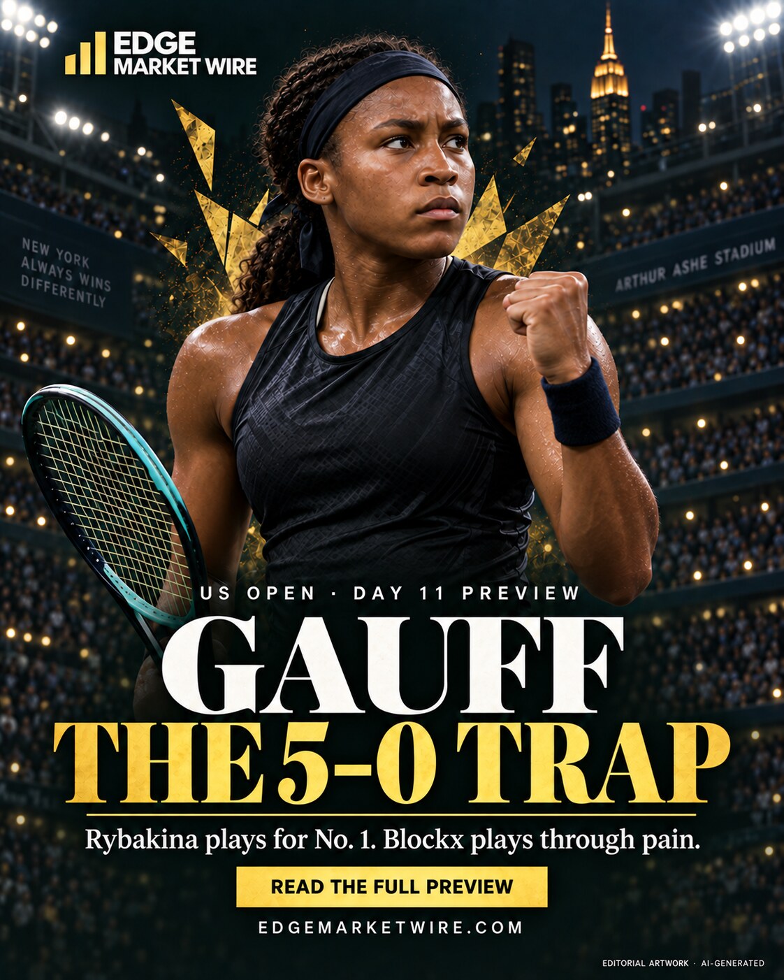 Edge Market Wire US Open Day 11 preview artwork featuring Coco Gauff