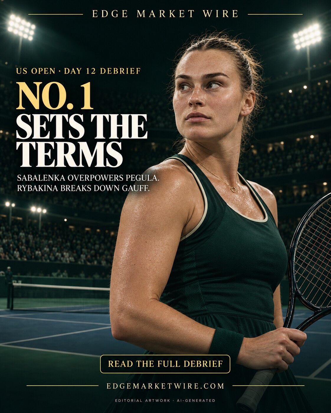 Edge Market Wire US Open Day 12 debrief artwork featuring Aryna Sabalenka