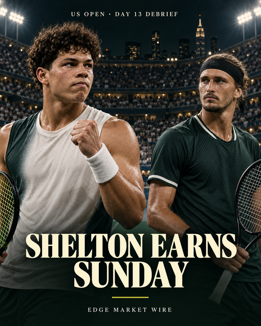 Edge Market Wire US Open Day 13 debrief artwork featuring Ben Shelton and Alexander Zverev