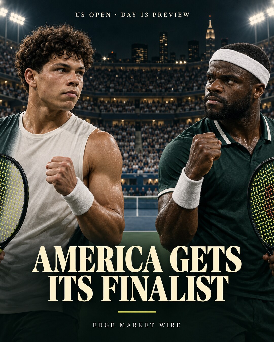 Edge Market Wire US Open Day 13 preview artwork featuring Ben Shelton and Frances Tiafoe