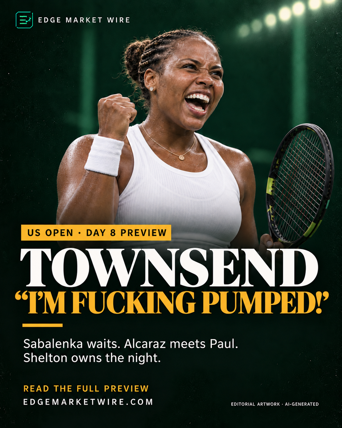 Edge Market Wire US Open Day 8 preview artwork featuring Taylor Townsend