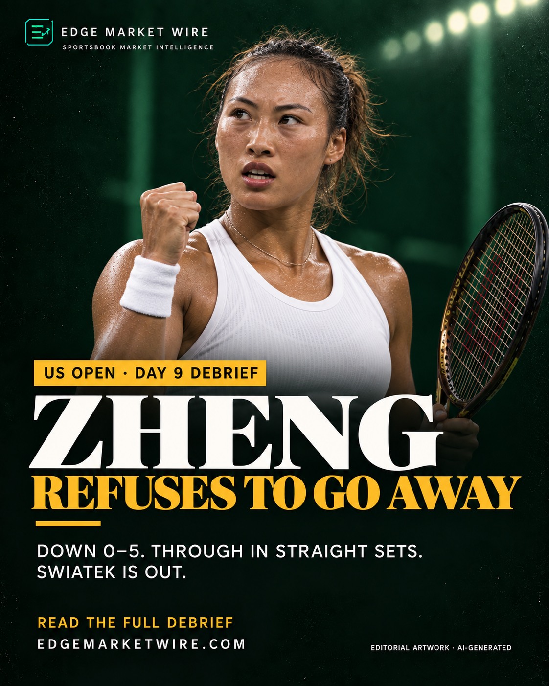 Edge Market Wire US Open Day 9 debrief artwork featuring Zheng Qinwen